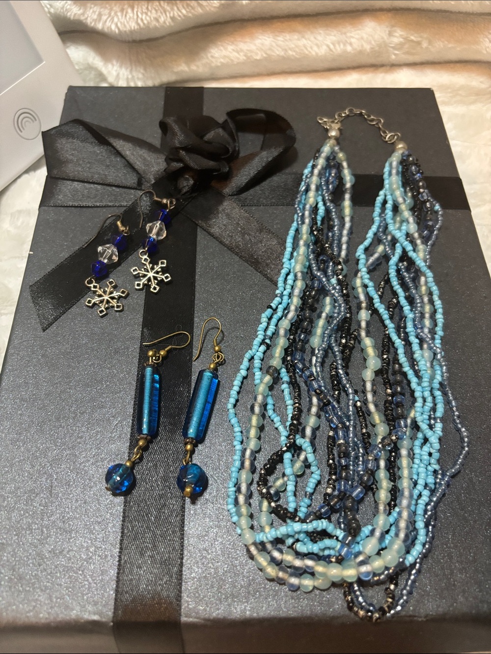 Multi-Strand Blue Beaded Necklace with Blue Bead Earrings - Unbranded